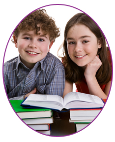 stock photo brother and sister sitting together with pile of books